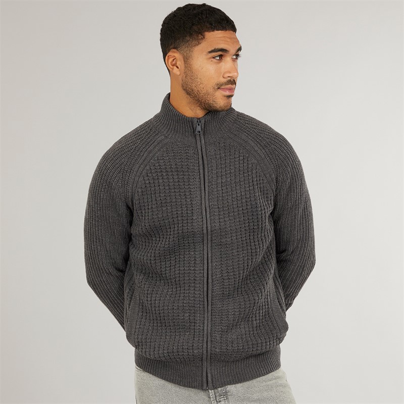 THREADBARE Mens West Full Zip Cardigan Charcoal Marl
