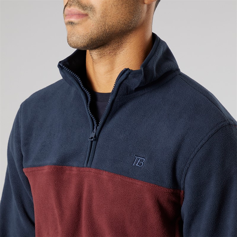 THREADBARE Mens Wham 1/4 Zip Fleece Navy/Burgundy