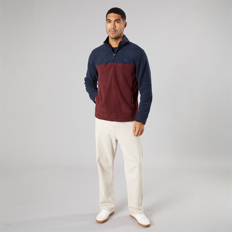 THREADBARE Mens Wham 1/4 Zip Fleece Navy/Burgundy