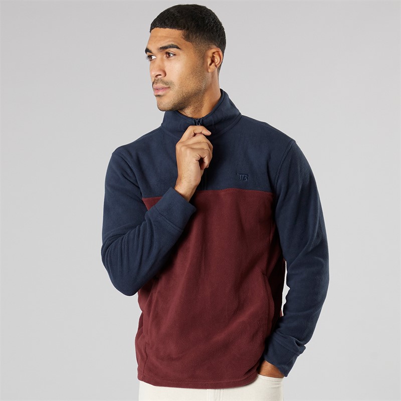 THREADBARE Mens Wham 1/4 Zip Fleece Navy/Burgundy