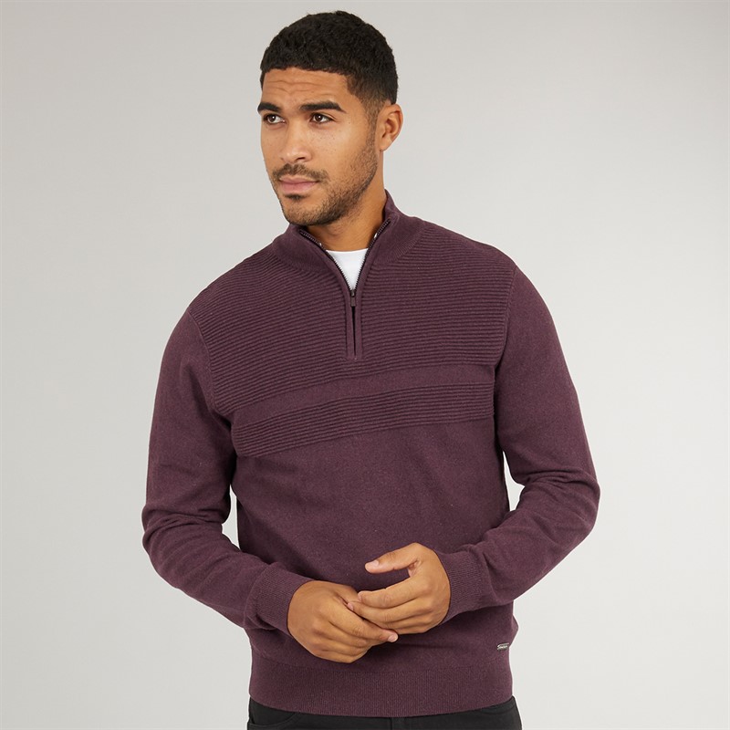 THREADBARE Mens Fox 1/4 Zip Jumper Plum