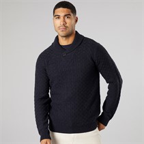 THREADBARE Mens Flax Knitted Shawl Neck Jumper Navy