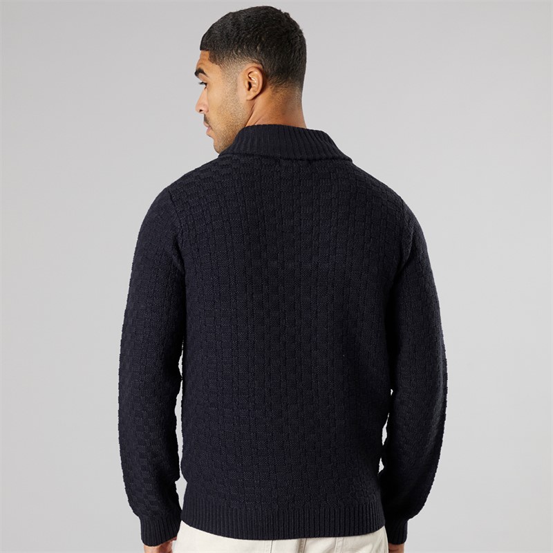 THREADBARE Mens Flax Knitted Shawl Neck Jumper Navy
