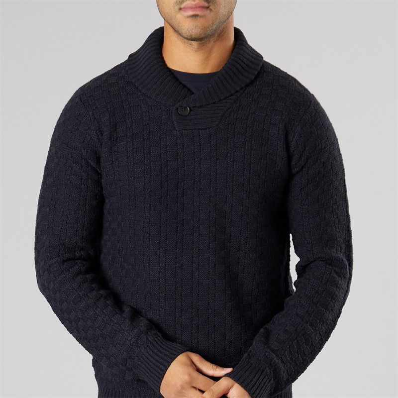 THREADBARE Mens Flax Knitted Shawl Neck Jumper Navy