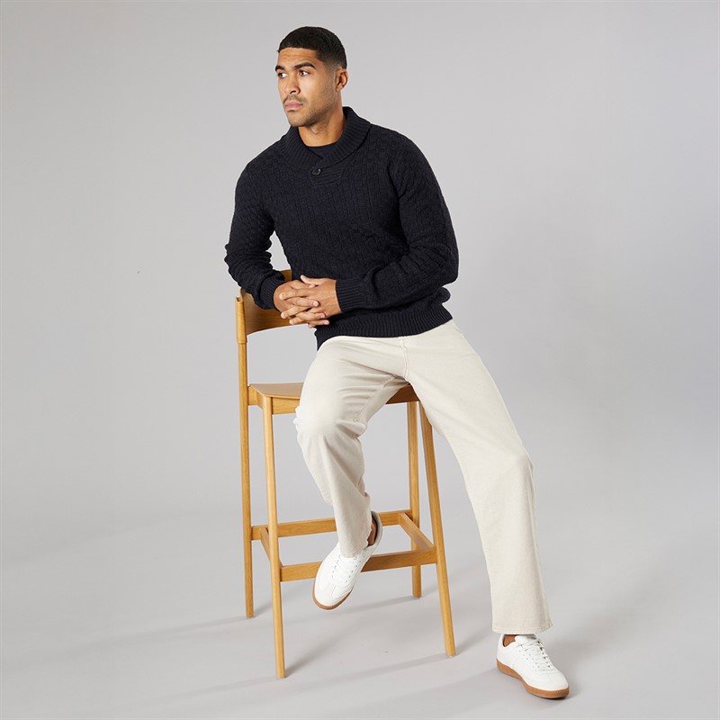 THREADBARE Mens Flax Knitted Shawl Neck Jumper Navy