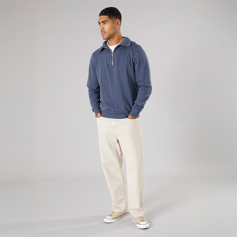 THREADBARE Mens 1/4 Zip Cosmopolitan Fleece Sweatshirt Denim