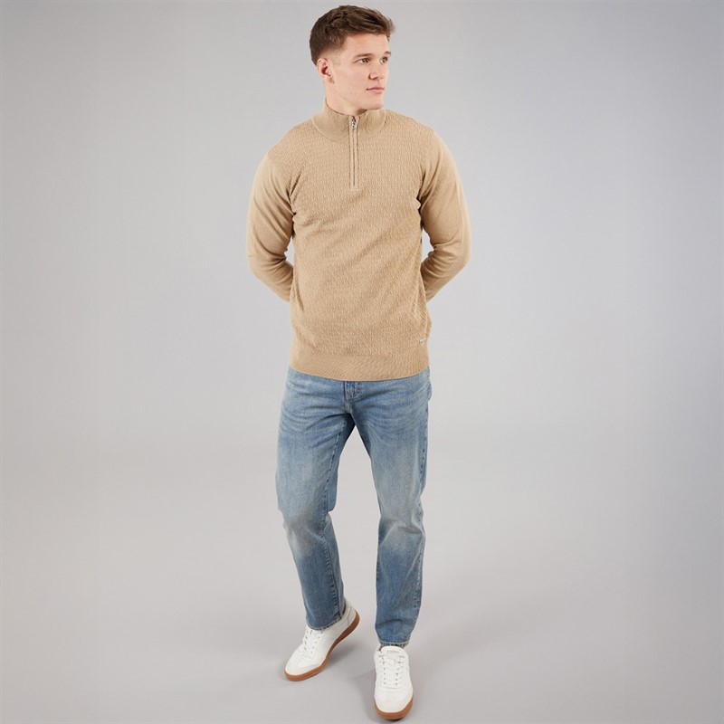 THREADBARE Mens Whitney 1/4 Zip Jumper Taupe
