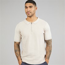 THREADBARE Mens Kelso Knitted Zip Polo Shirt Light Taupe