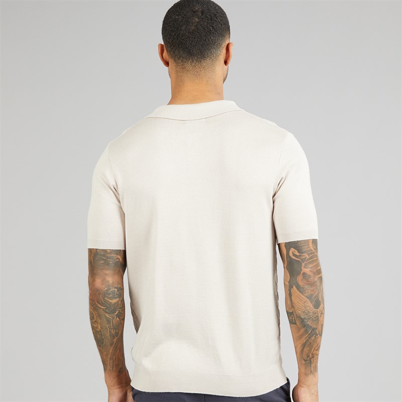 THREADBARE Mens Kelso Knitted Zip Polo Shirt Light Taupe