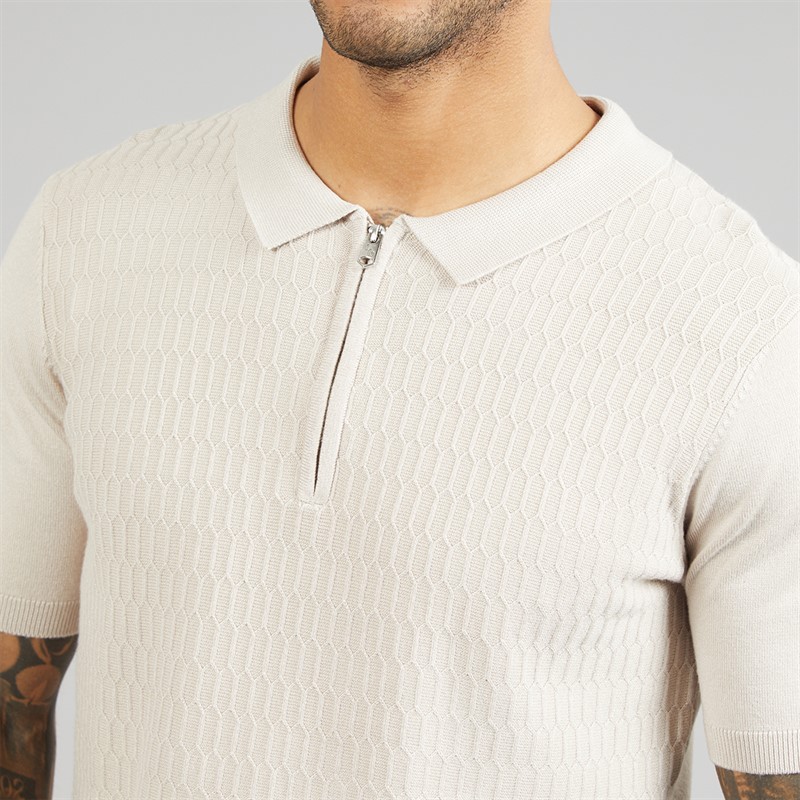 THREADBARE Mens Kelso Knitted Zip Polo Shirt Light Taupe