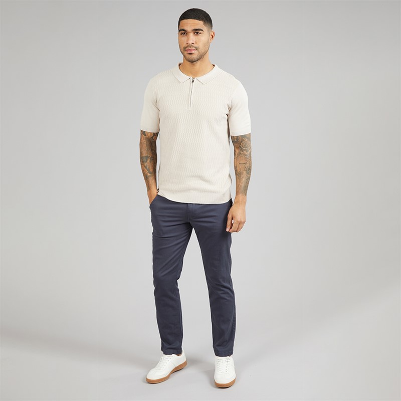 THREADBARE Mens Kelso Knitted Zip Polo Shirt Light Taupe