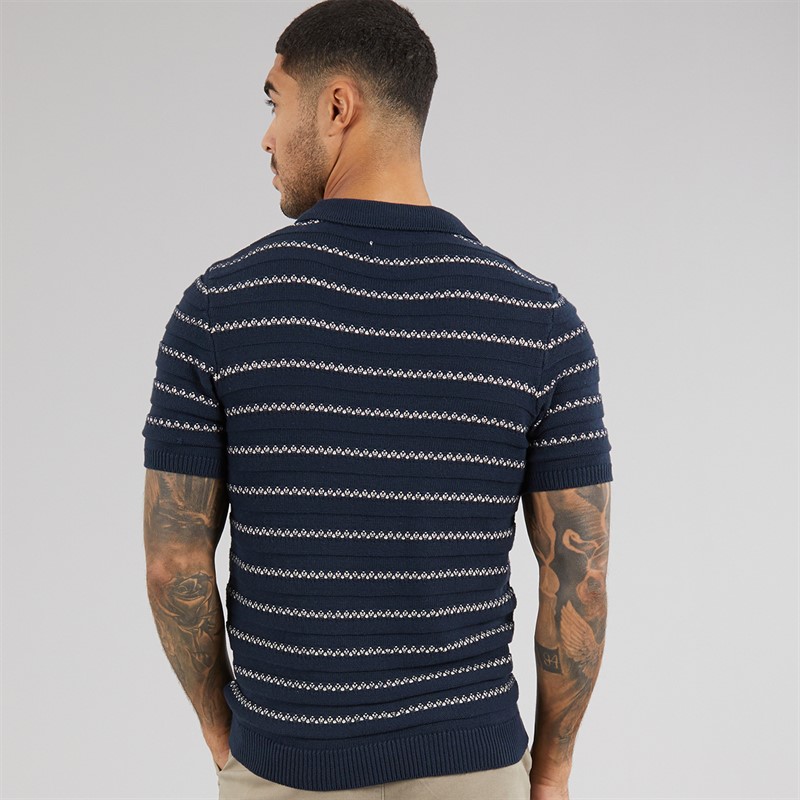 THREADBARE Mens Knitted Trophy Polo Shirt Navy/Stone