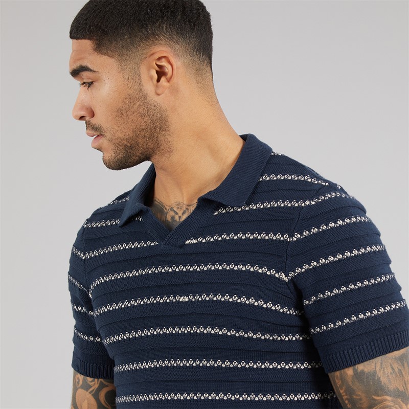 THREADBARE Mens Knitted Trophy Polo Shirt Navy/Stone