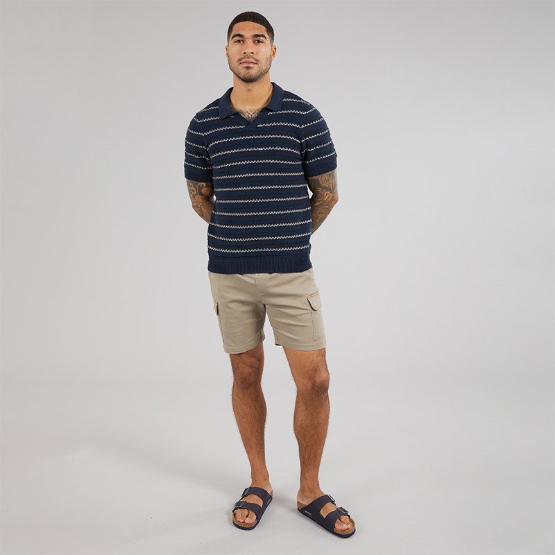 THREADBARE Mens Knitted Trophy Polo Shirt Navy/Stone