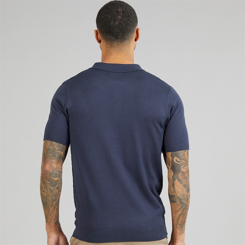 THREADBARE Mens Kelso Knitted Zip Polo Shirt Navy