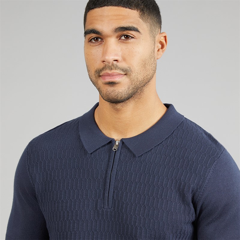 THREADBARE Mens Kelso Knitted Zip Polo Shirt Navy