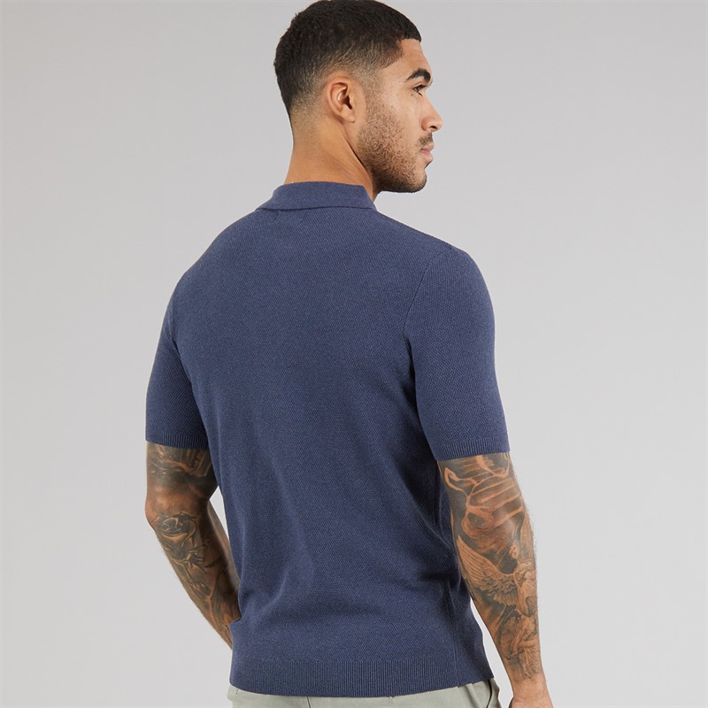 THREADBARE Mens Douglas Knitted Polo Shirt Denim Marl