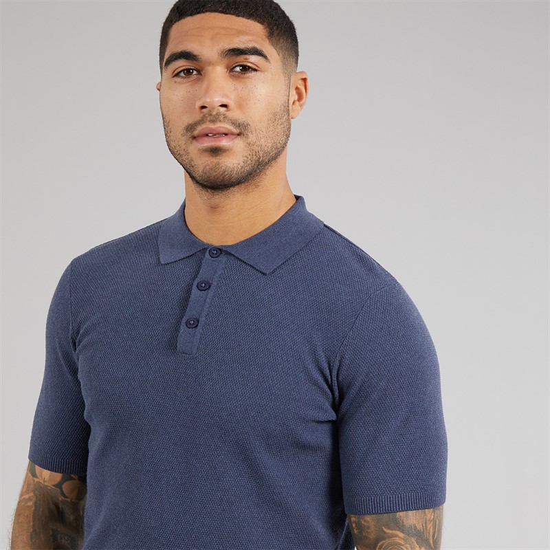 THREADBARE Mens Douglas Knitted Polo Shirt Denim Marl