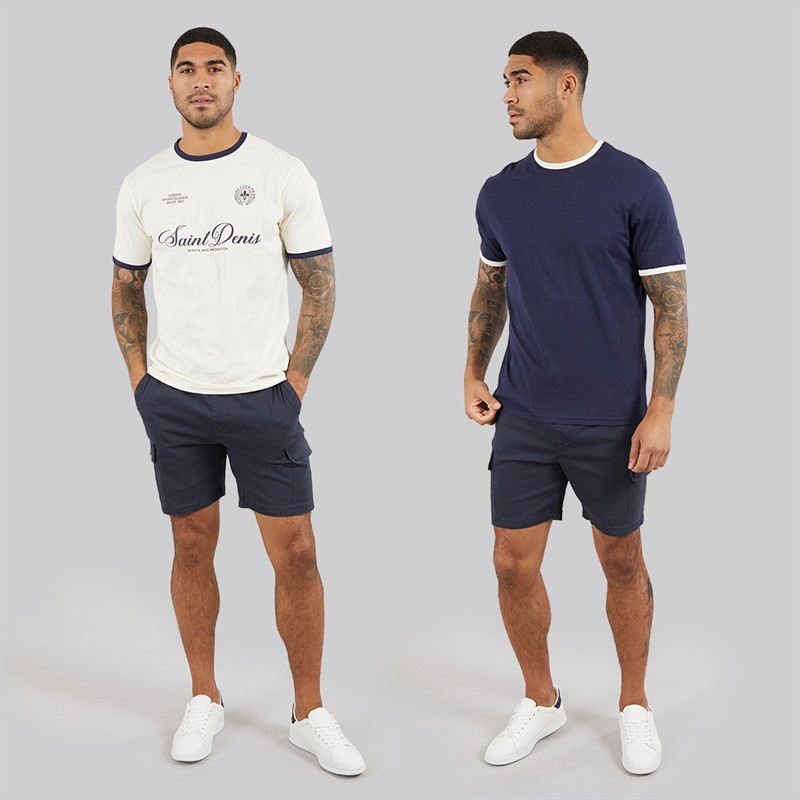 THREADBARE Mens Yaris Two Pack Ringer T-Shirts Off White/Navy