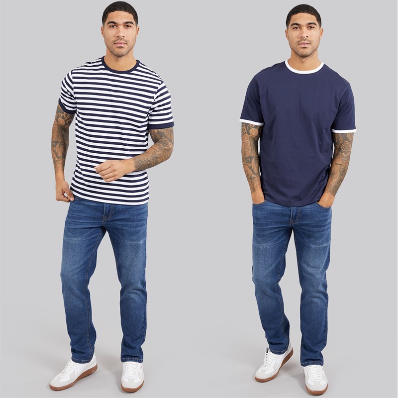 THREADBARE Mens Shaun Two Pack Ringer T-Shirts Navy/White