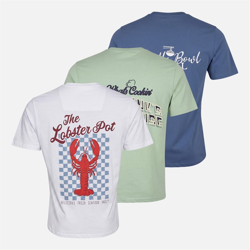 THREADBARE Mens Haddon Three Pack Graphic T-Shirts Sage/Denim Blue/White
