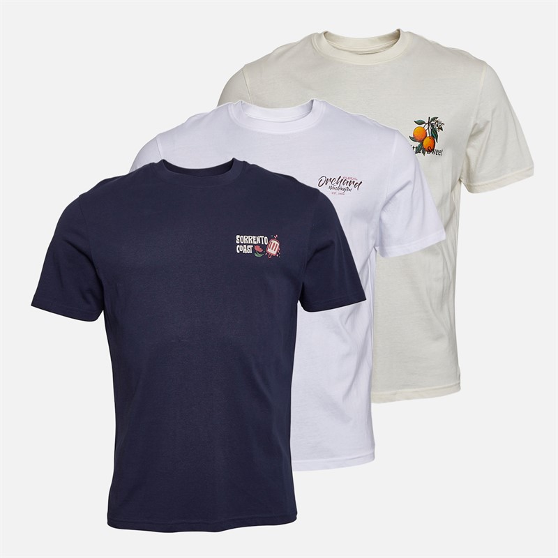 THREADBARE Mens Fernhill Three Pack Graphic T-Shirts Navy/White/Ecru