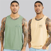 THREADBARE Mens Onda Ringer Two Pack Vests Sage/Ecru