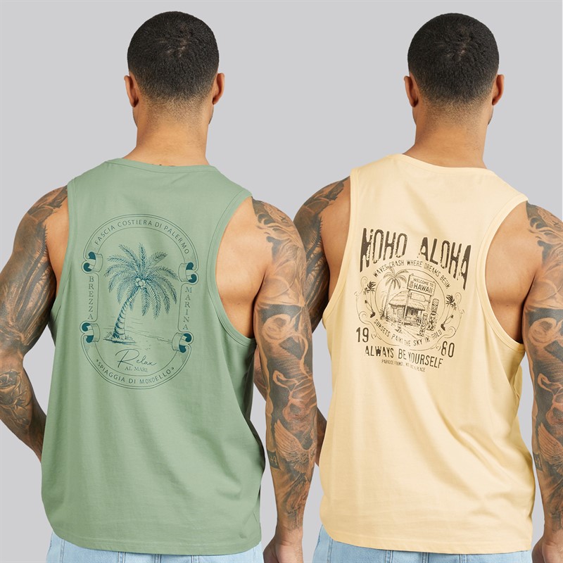 THREADBARE Mens Onda Ringer Two Pack Vests Sage/Ecru