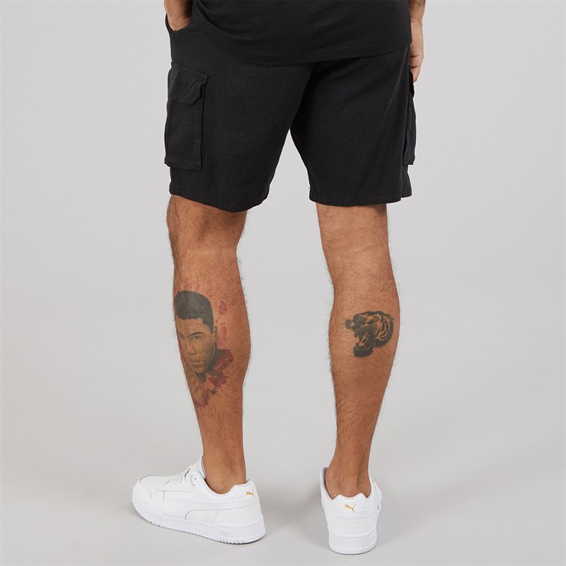 THREADBARE Mens Linen Cargo Shorts Black