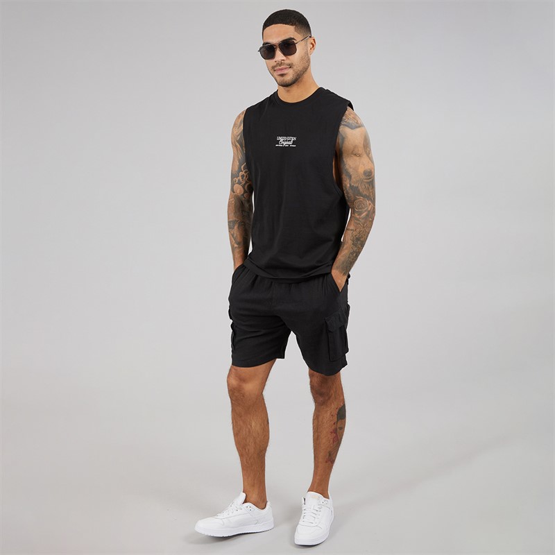 THREADBARE Mens Linen Cargo Shorts Black