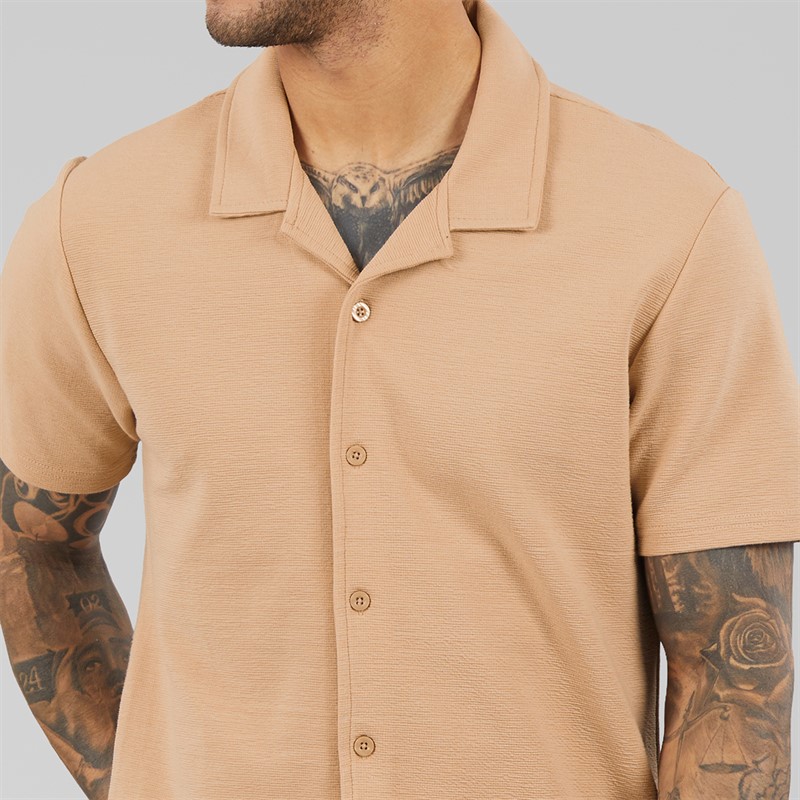 THREADBARE Mens Emblre Short Sleeve Shirt Stone