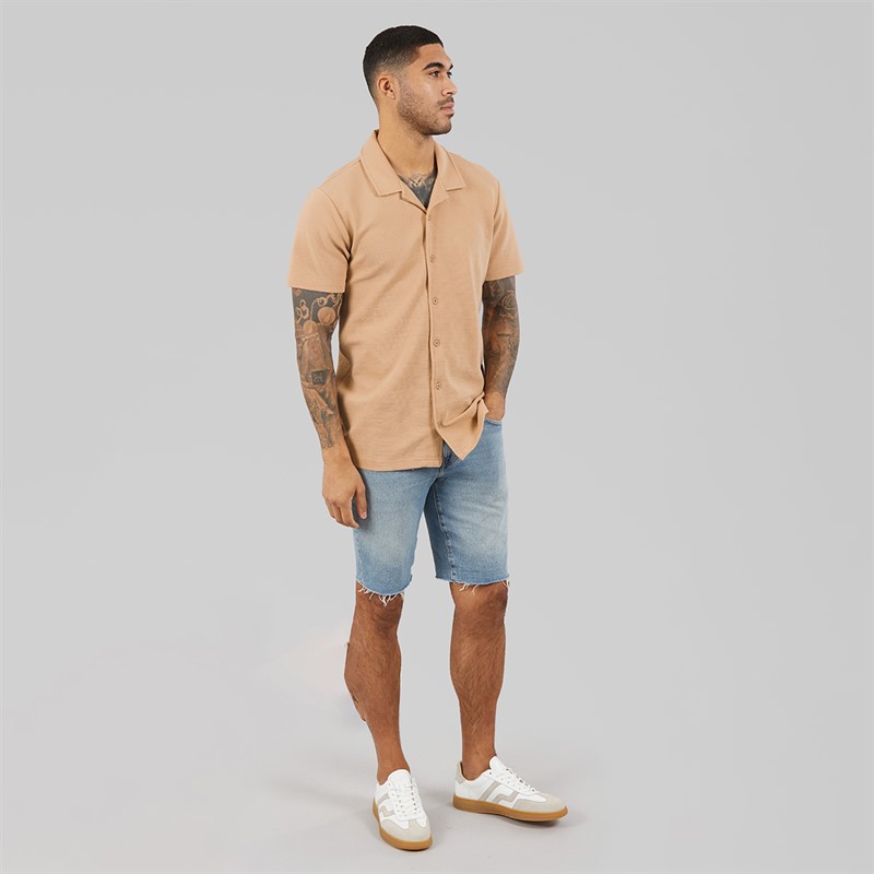THREADBARE Mens Emblre Short Sleeve Shirt Stone