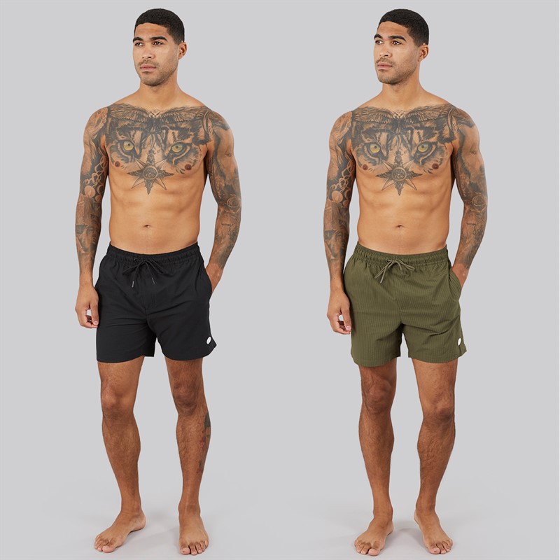 THREADBARE Mens Roly Two Pack Swim Shorts Black/Khaki