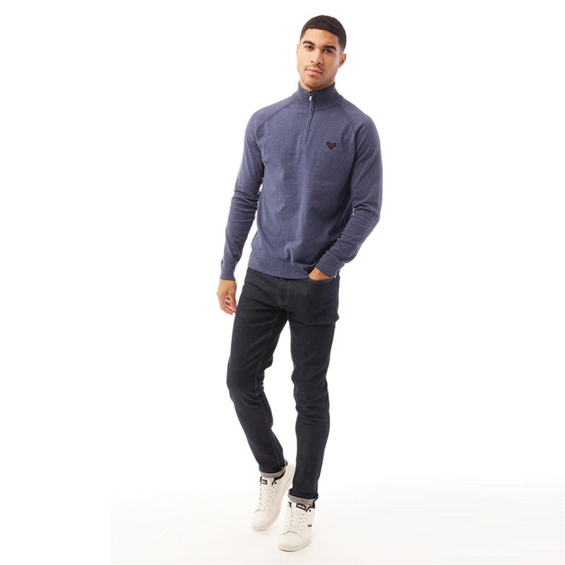 THREADBARE Mens Alban Turtle Neck Zip Jumper Denim Melange