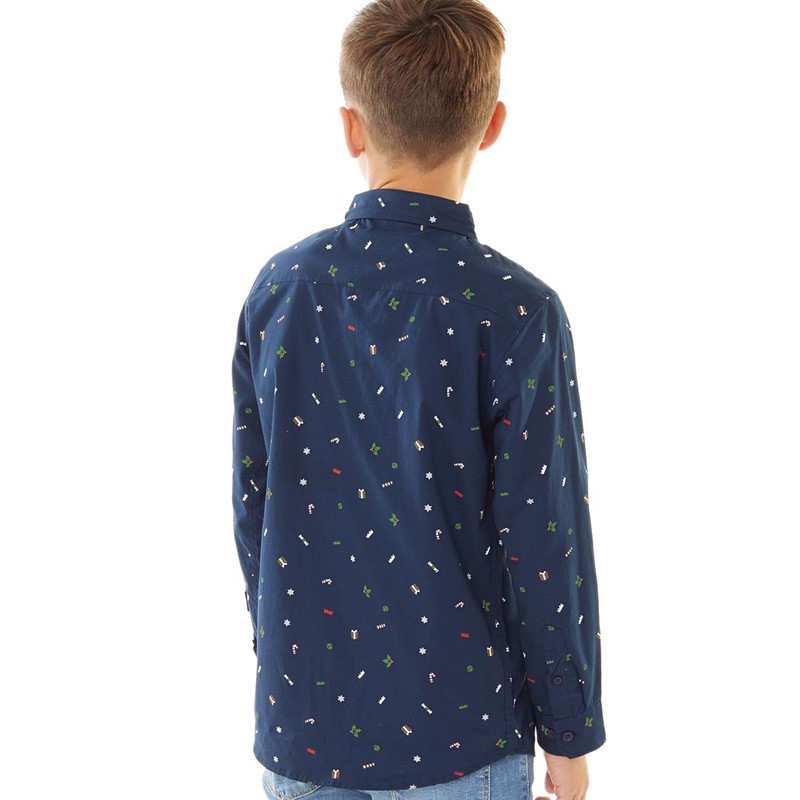 Threadboys Boys Crackle Xmas Long Sleeve Shirt Navy