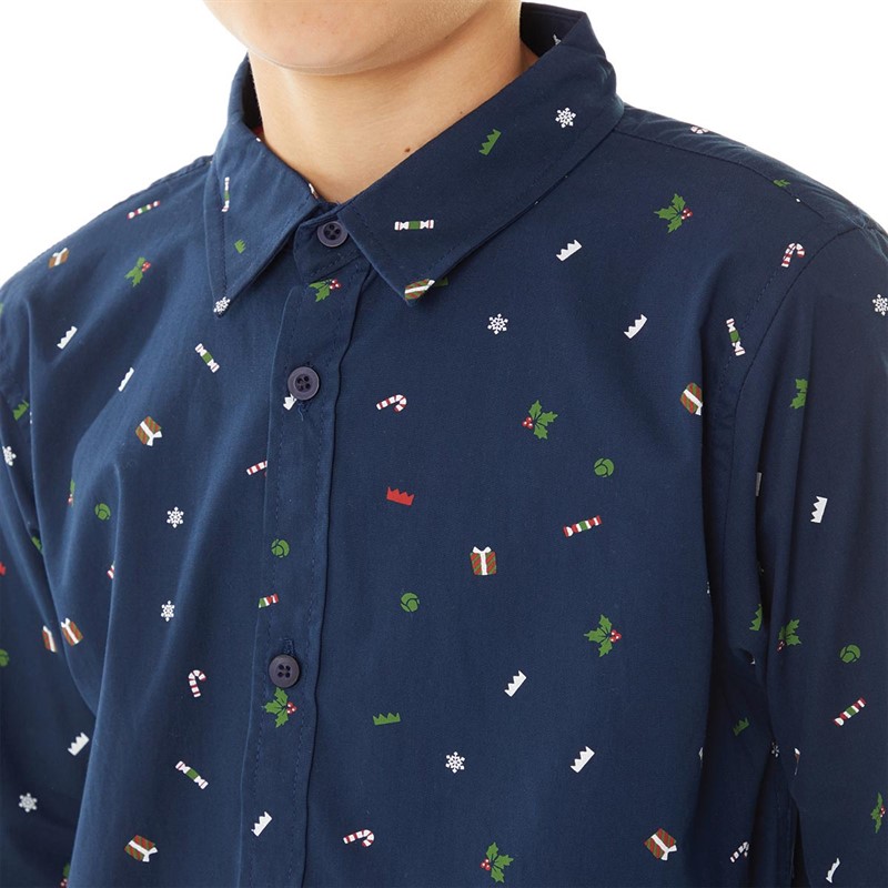 Threadboys Boys Crackle Xmas Long Sleeve Shirt Navy