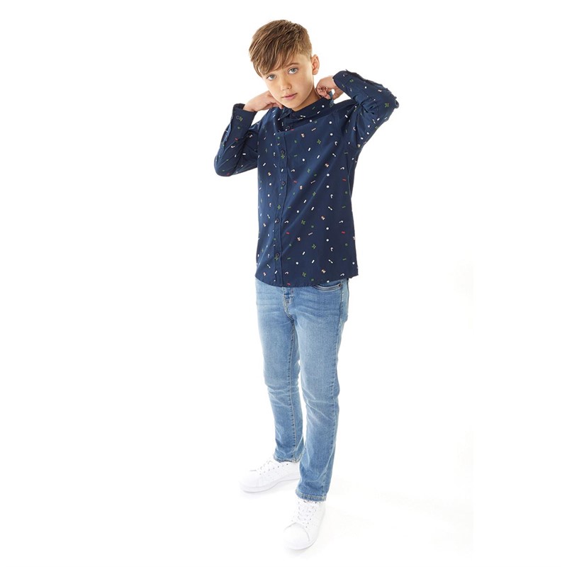 Threadboys Boys Crackle Xmas Long Sleeve Shirt Navy