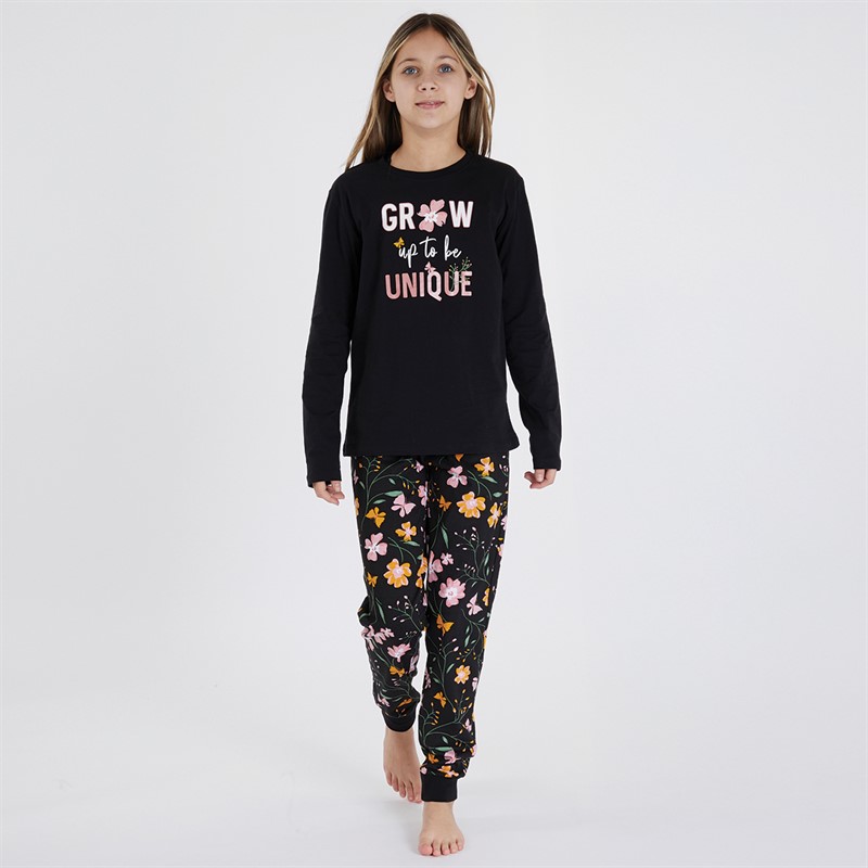 Threadgirls Girls Floral Pyjama Set Black