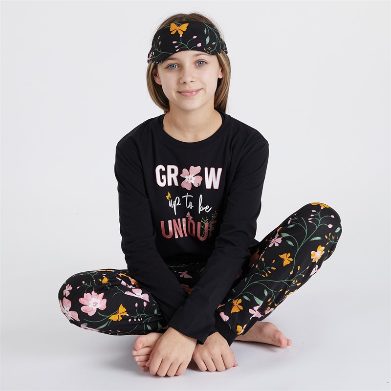 Threadgirls Girls Floral Pyjama Set Black