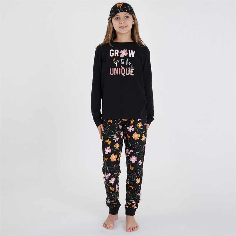 Threadgirls Girls Floral Pyjama Set Black