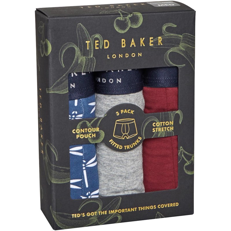 Ted Baker Mens Three Pack Cotton Trunks Insignia Blue Maide/Heather Grey/Cordovan