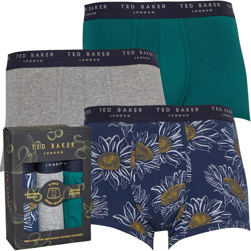 Ted Baker Mens Three Pack Cotton Trunks Insignia Blue Flapjack/Heather Grey