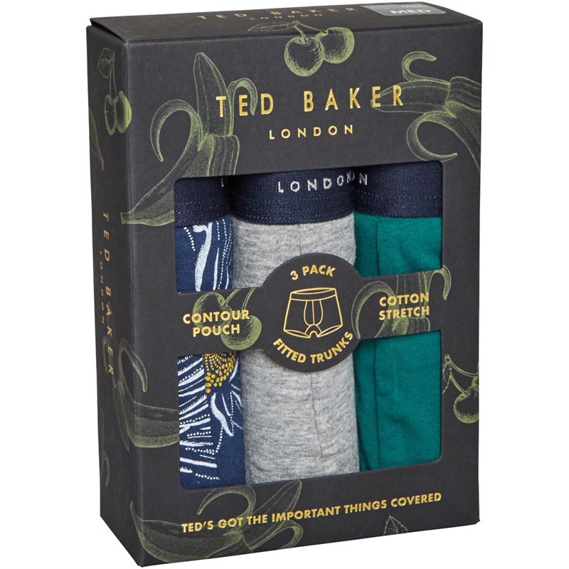 Ted Baker Mens Three Pack Cotton Trunks Insignia Blue Flapjack/Heather Grey