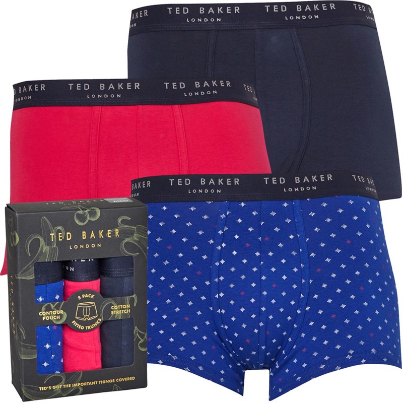 Ted Baker Mens Three Pack Cotton Trunks Mazarine Blue Audienz/Bright Rose/Sky