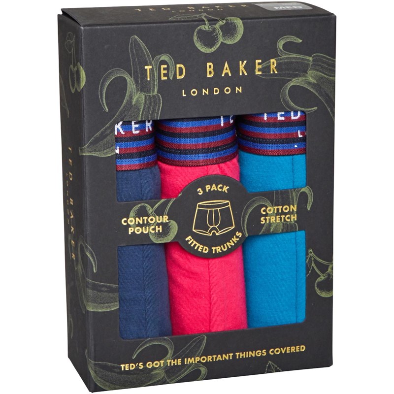 Ted Baker Mens Three Pack Cotton Trunks Insignia Blue/Bright Rose/Crystal Teal