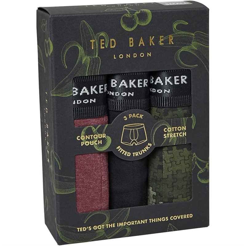 Ted Baker Mens Three Pack Cotton Trunks Port Royale/Black/Forest Jigsaw Camo