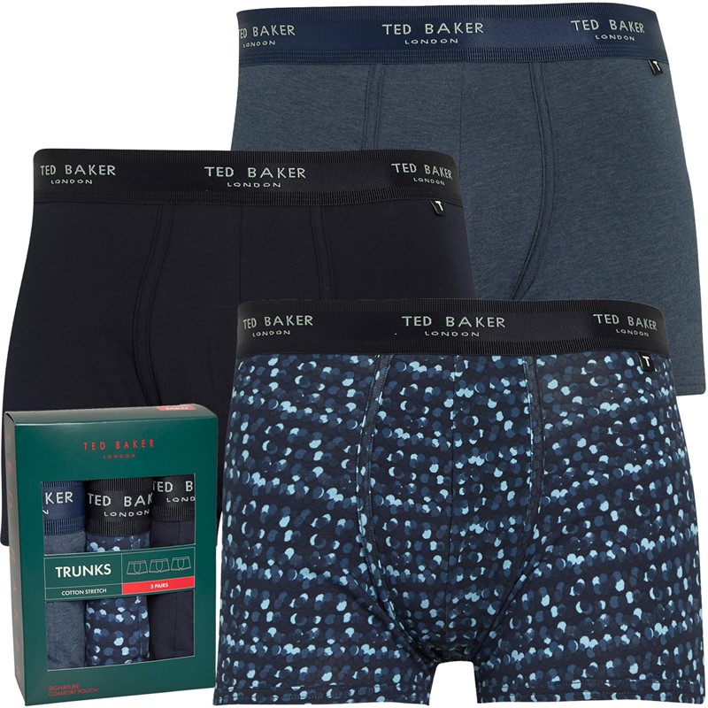 Ted Baker Mens Three Pack Cotton Trunks Navy/Blue Night/Deimos Spot Navy