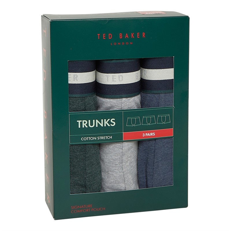 Ted Baker Mens Three Pack Cotton Trunks Dark Denim/Grey Heather/Scarab