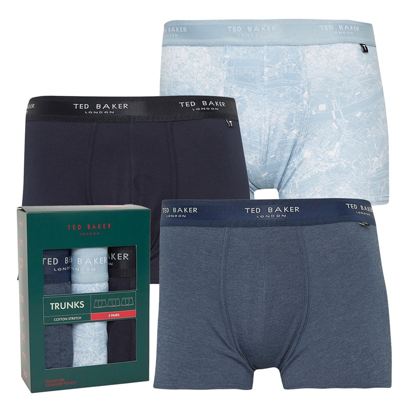 Ted Baker Mens Three Pack Cotton Trunks Navy/Dark Denim/Blue Alatri