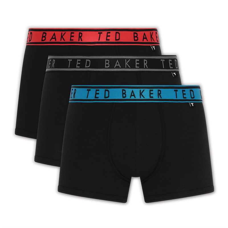 Ted Baker Mens Three Pack Cotton Trunks Black Red/Black Black/ Black Blue Danube